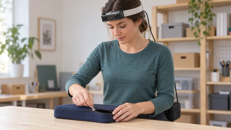 Illustration of an EGO R9 wearer holding a fabric case steady with one hand and moving its zipper pull with the other at a table