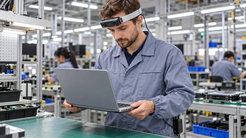 Factory application illustration of a worker wearing EGO R9 and holding an open laptop with both hands supporting the base edges above a production workbench