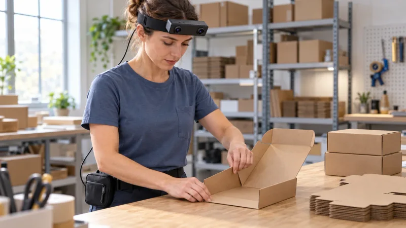 Application illustration of an R8 wearer holding a paperboard base with one hand and folding a scored carton wall upward with the other at a packing bench