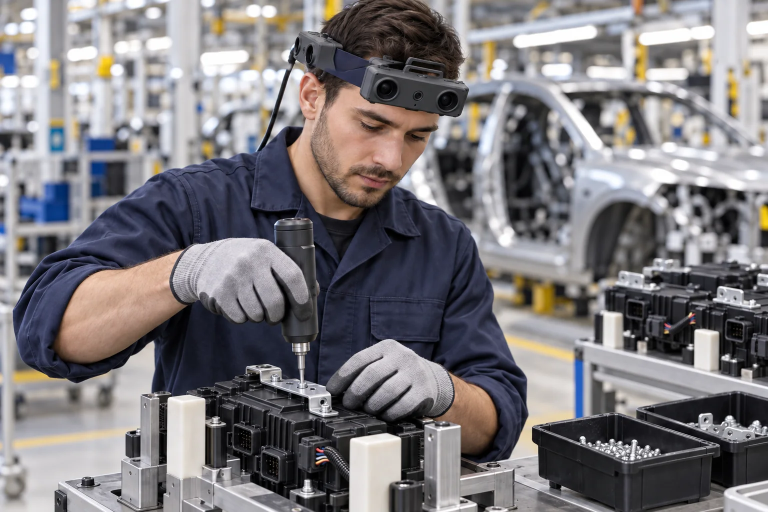 Concept illustration of an operator wearing EGO R10 while fastening a bracket onto an automotive component in an assembly fixture