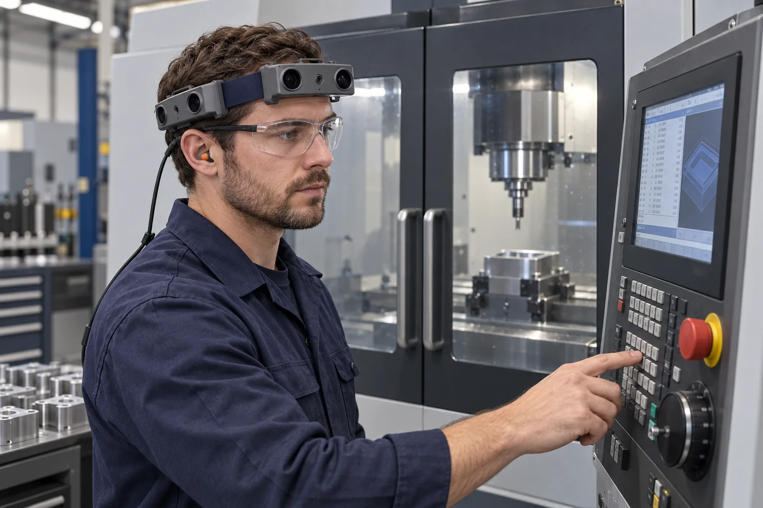 Concept illustration of a CNC operator wearing EGO R10 while using a control pendant beside a closed industrial milling machine enclosure