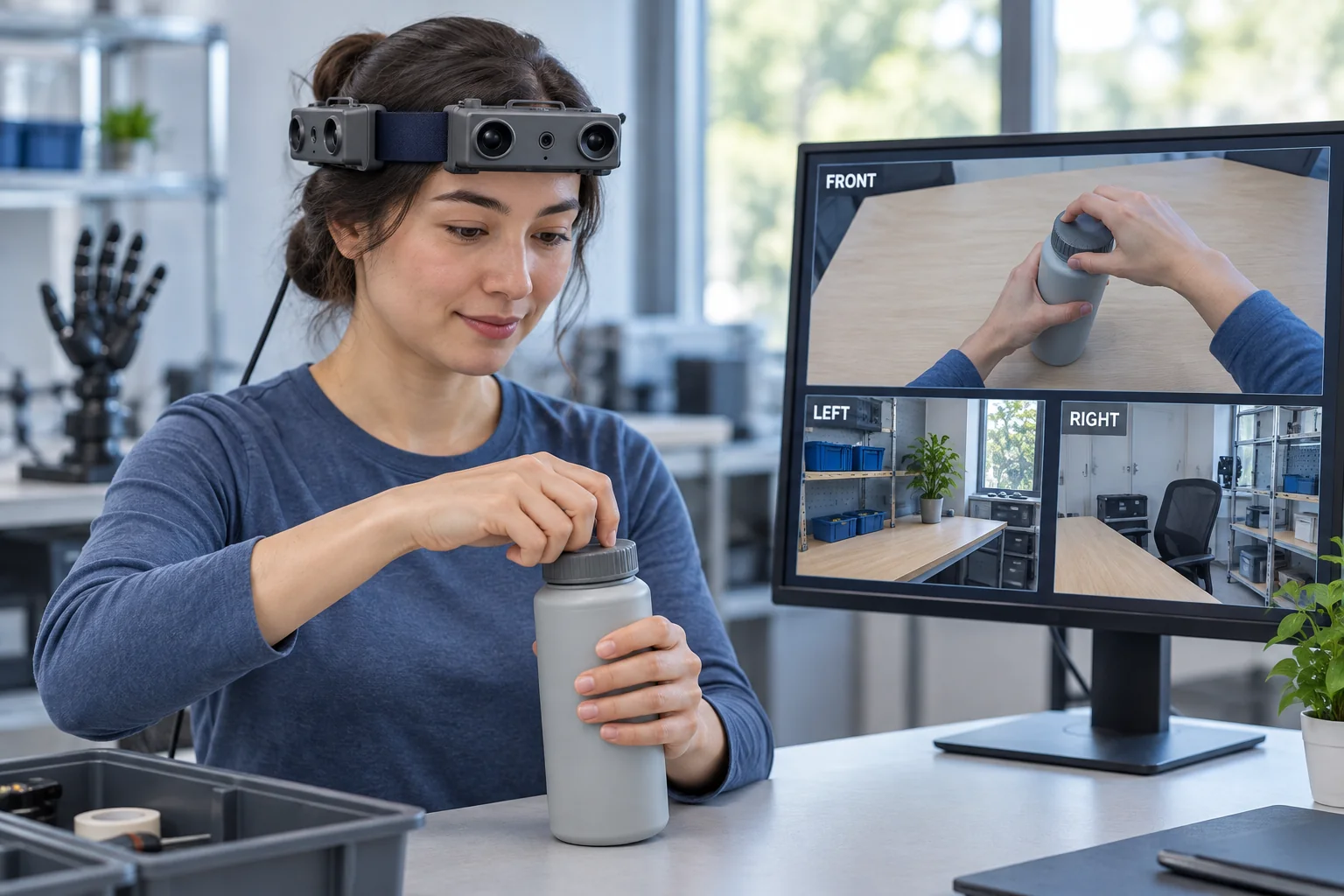 Concept illustration of an EGO R10 wearer opening a bottle cap while a monitor illustrates a front task view and side-facing workspace views