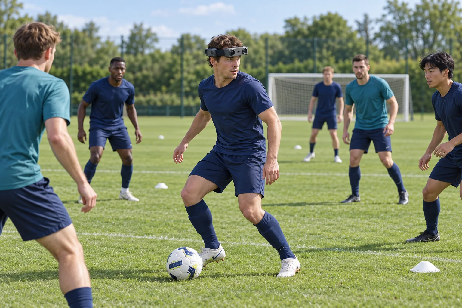 Concept illustration of an adult player wearing EGO R10 while receiving a pass among teammates during a football movement recording exercise