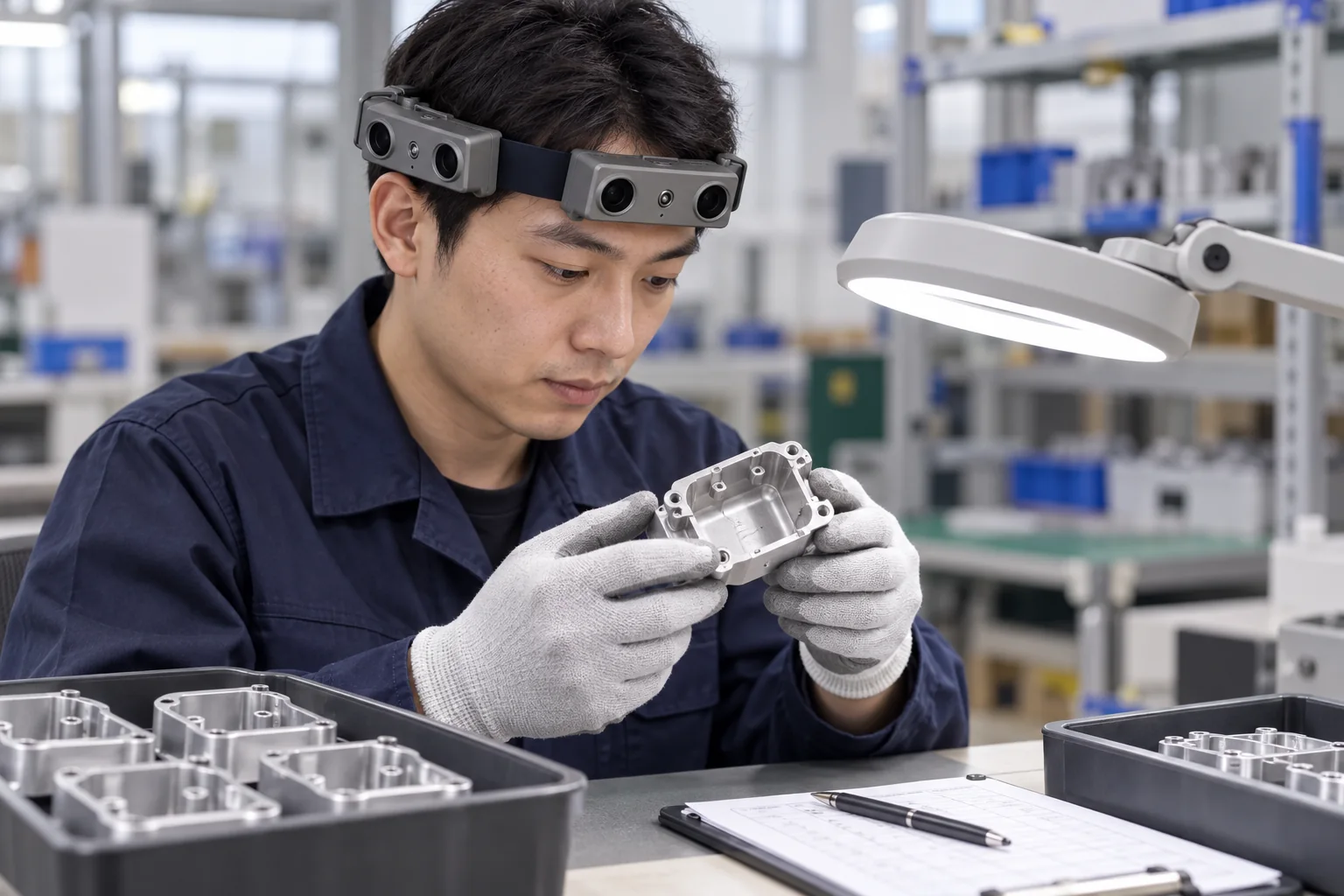 Concept illustration of a QC inspector wearing EGO R10 while visually examining a component housing at an inspection workbench