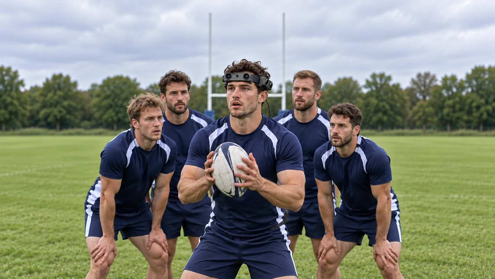 Five adults in a rugby union handling drill, with an EGO R10 wearer holding an oval ball in both hands in the foreground
