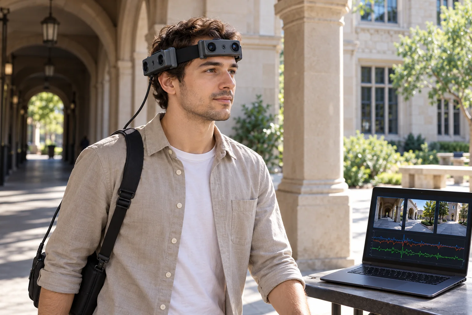 Concept illustration of an EGO R10 wearer collecting a shaded-walkway to courtyard sequence, with a research laptop illustrating image and inertial-data review
