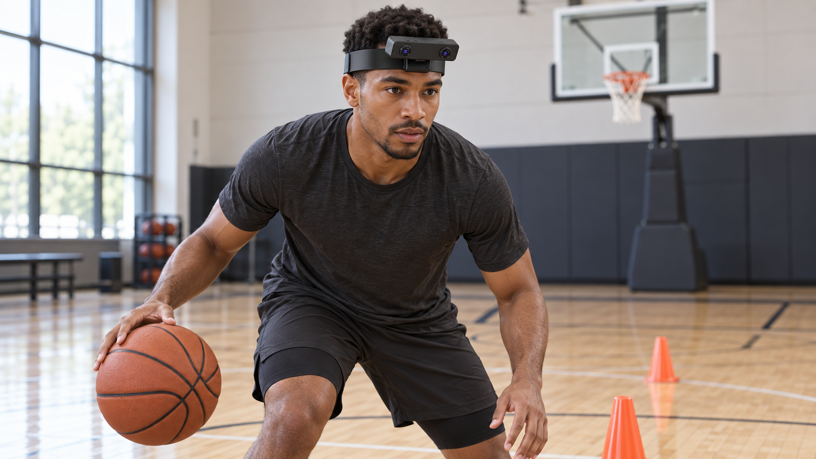 Basketball athlete wearing a centered EGO R8 stereo head-mounted camera during a controlled dribbling drill