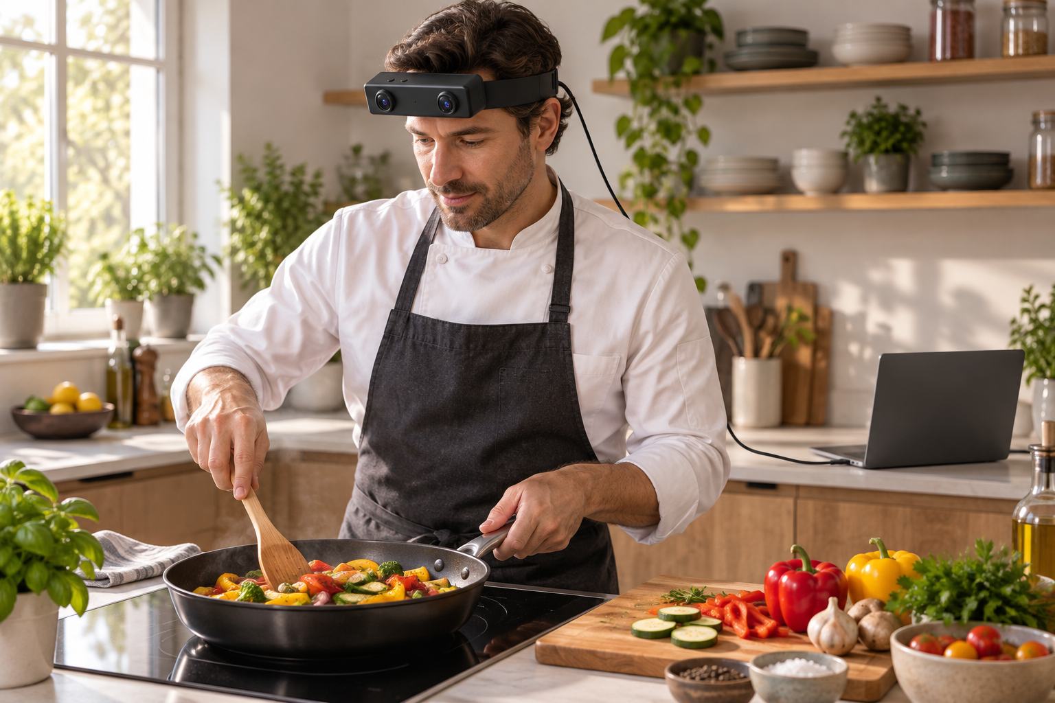 Cook wearing an EGO R8 camera stirring vegetables beside a preparation board, with a USB-connected capture laptop on the side counter