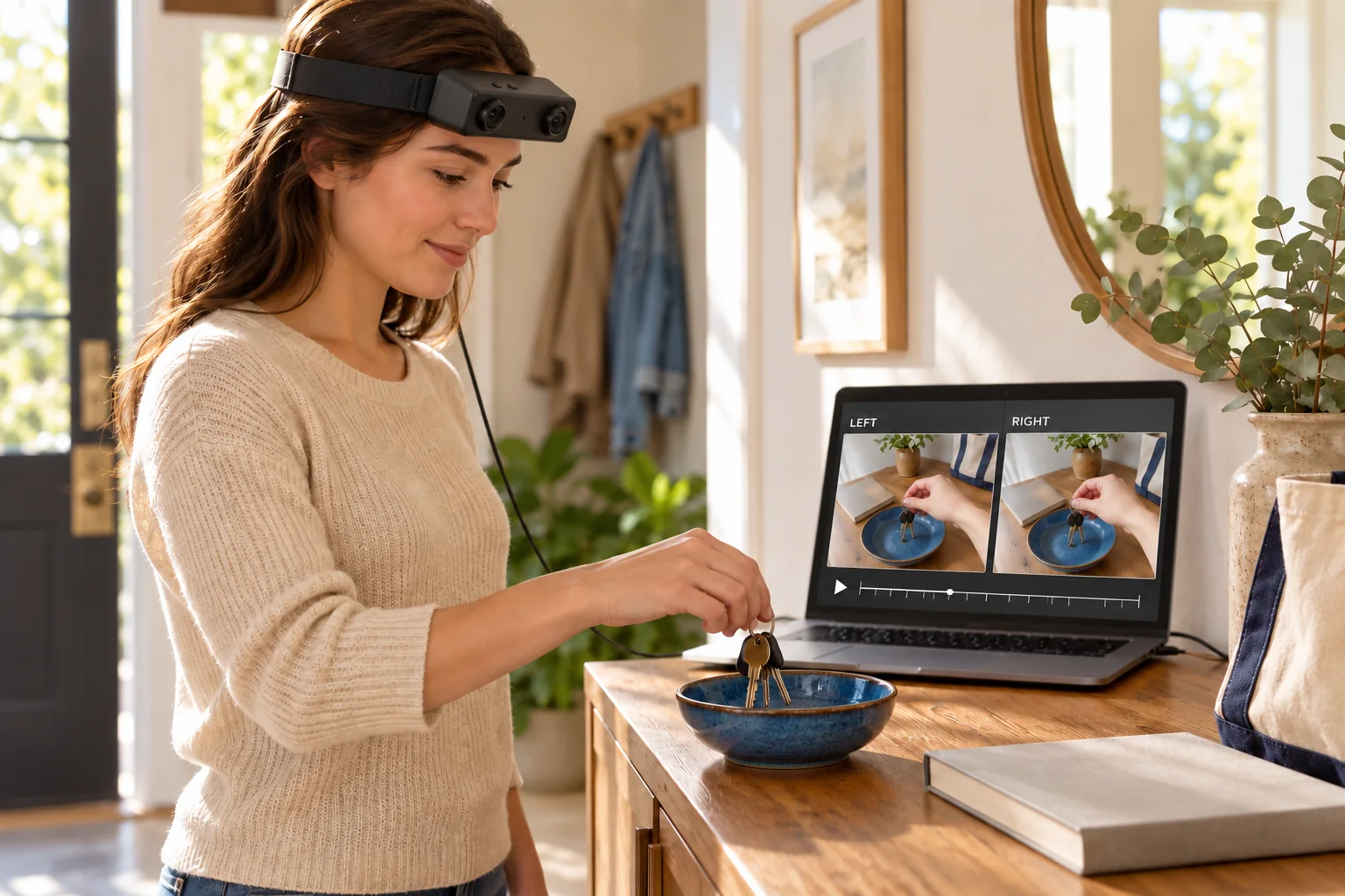 Concept illustration of an EGO R8 wearer placing keys in a bowl at home while a laptop illustrates the paired first-person recordings