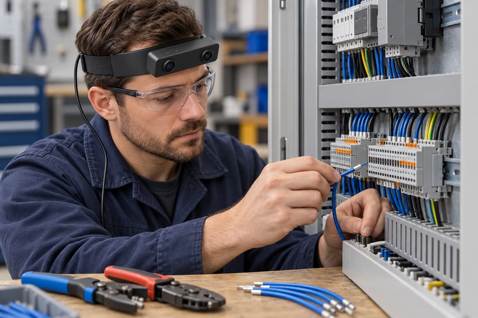 Concept illustration of an electrician wearing EGO R8 while connecting a prepared wire to a terminal in a de-energized control cabinet