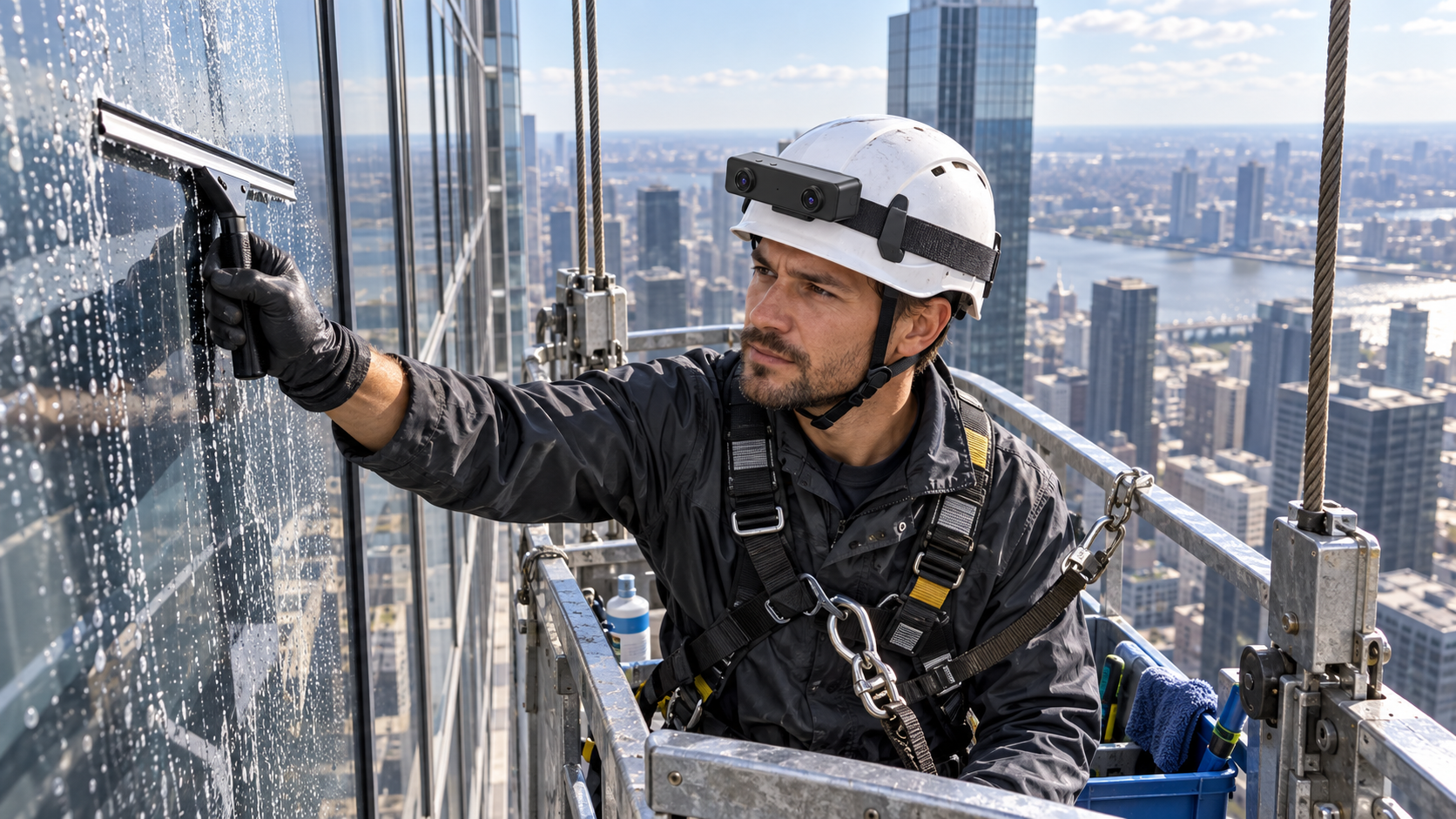 Professional cleaner wearing an EGO R8 camera while cleaning exterior skyscraper glass from a suspended access cradle, with the city far below
