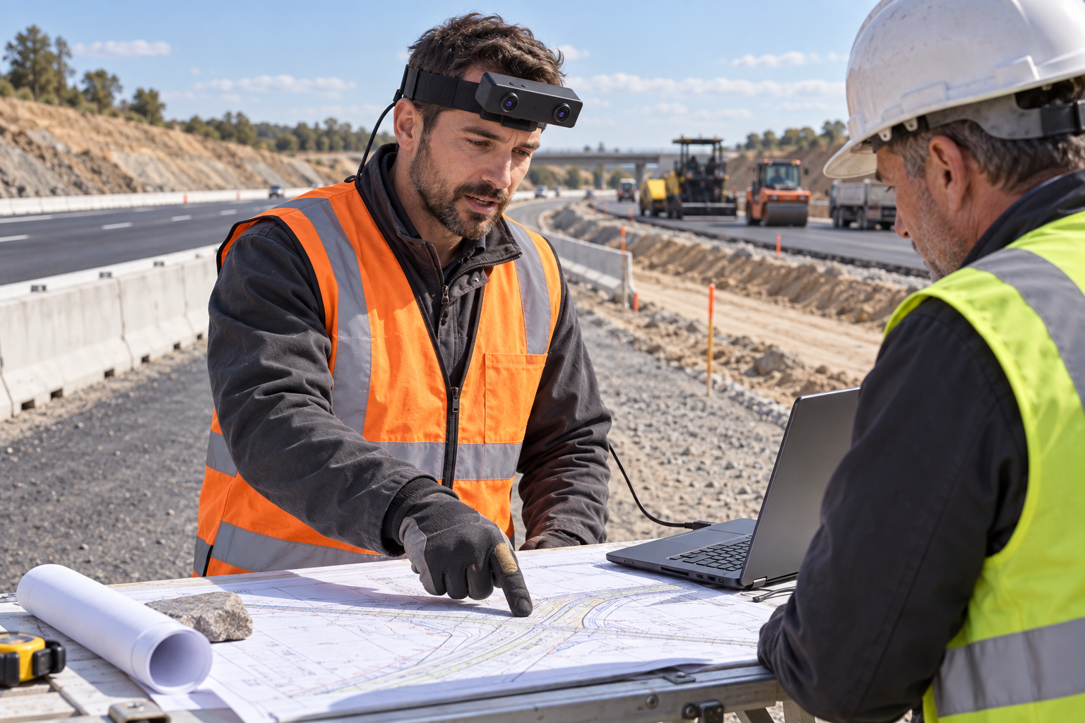 Engineer wearing an EGO R8 camera reviewing a highway construction drawing beside a USB-connected laptop in a separated site briefing area