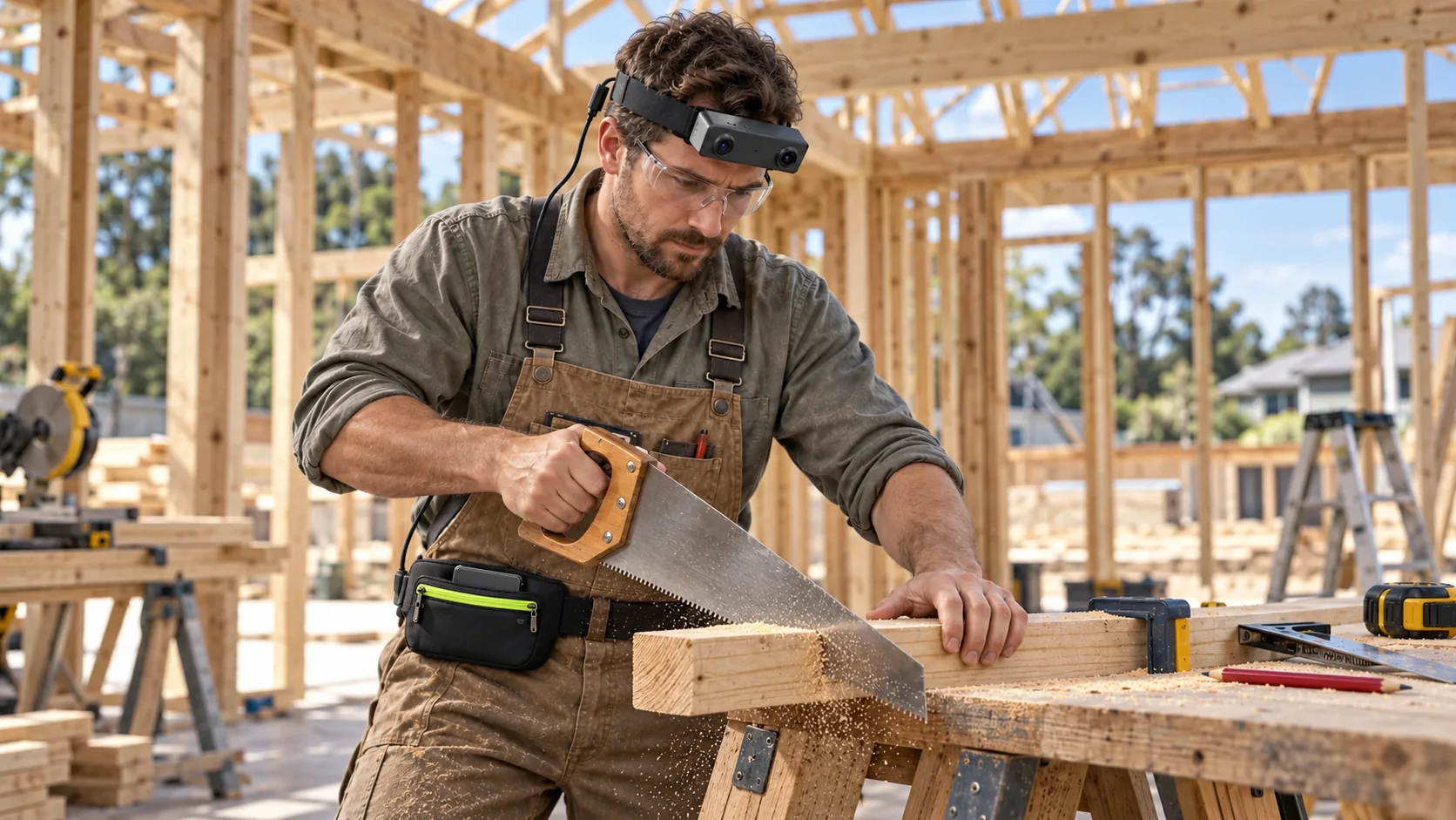 A carpenter wears the dual-lens EGO R8 camera with a cable routed to a belt-mounted power pouch while sawing timber at a house construction site
