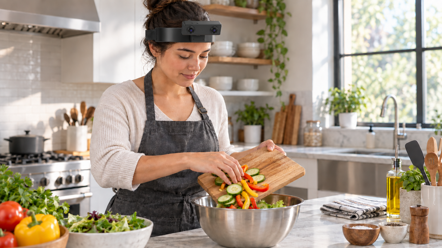 Kitchen operator wearing the EGO R8 stereo head-mounted camera while transferring prepared vegetables from a cutting board into a mixing bowl