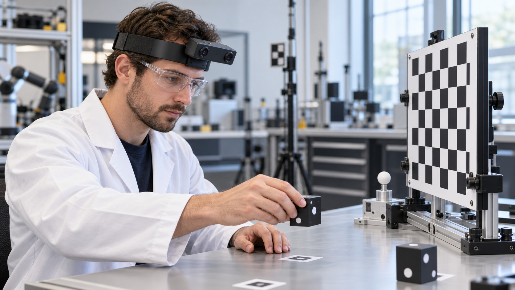 Researcher wearing the EGO R8 stereo head-mounted camera while moving a matte test object beside a checkerboard target in a robotics laboratory