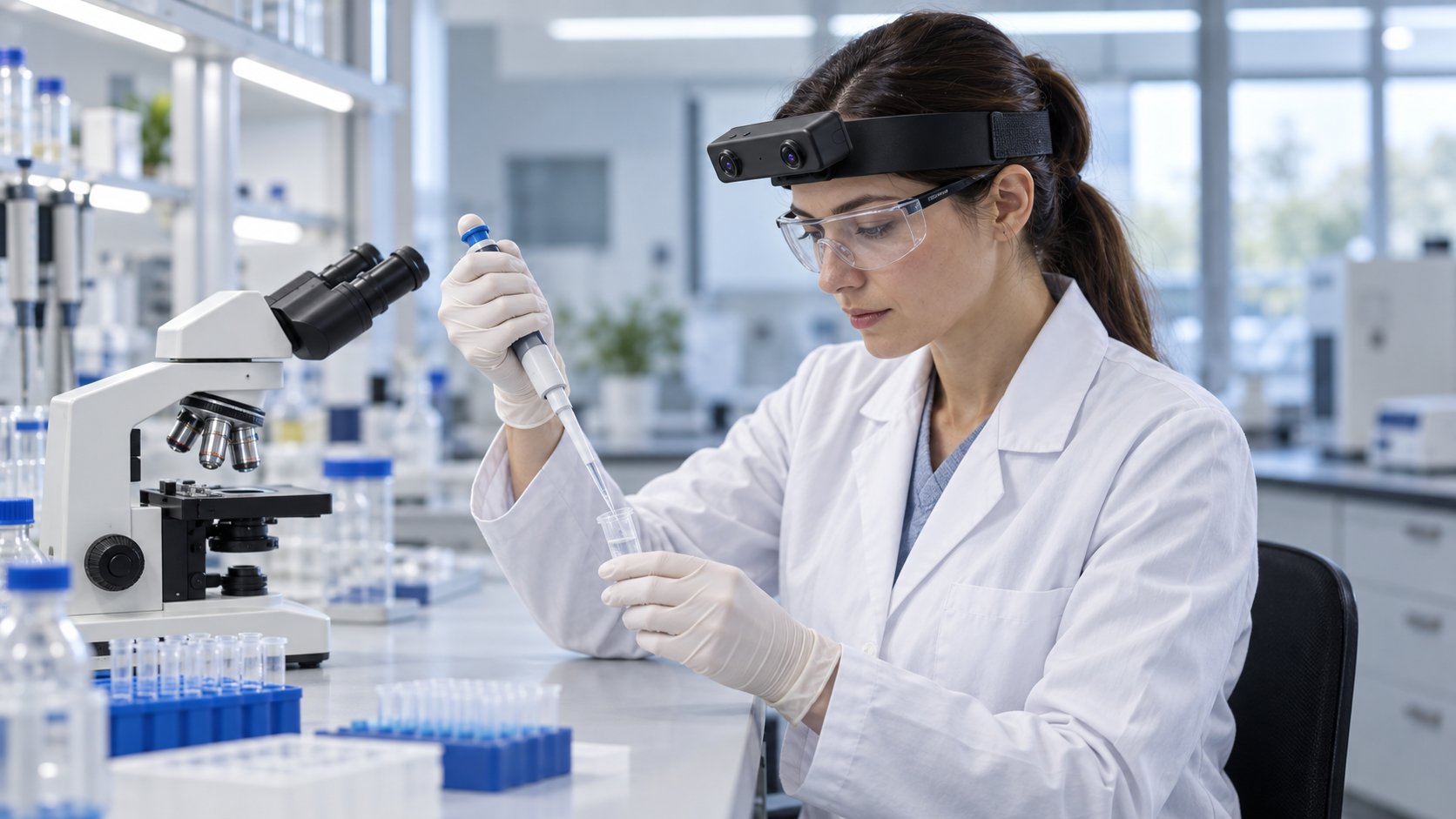 Laboratory researcher wearing the EGO R8 head-mounted stereo camera while pipetting beside a microscope in a controlled research lab