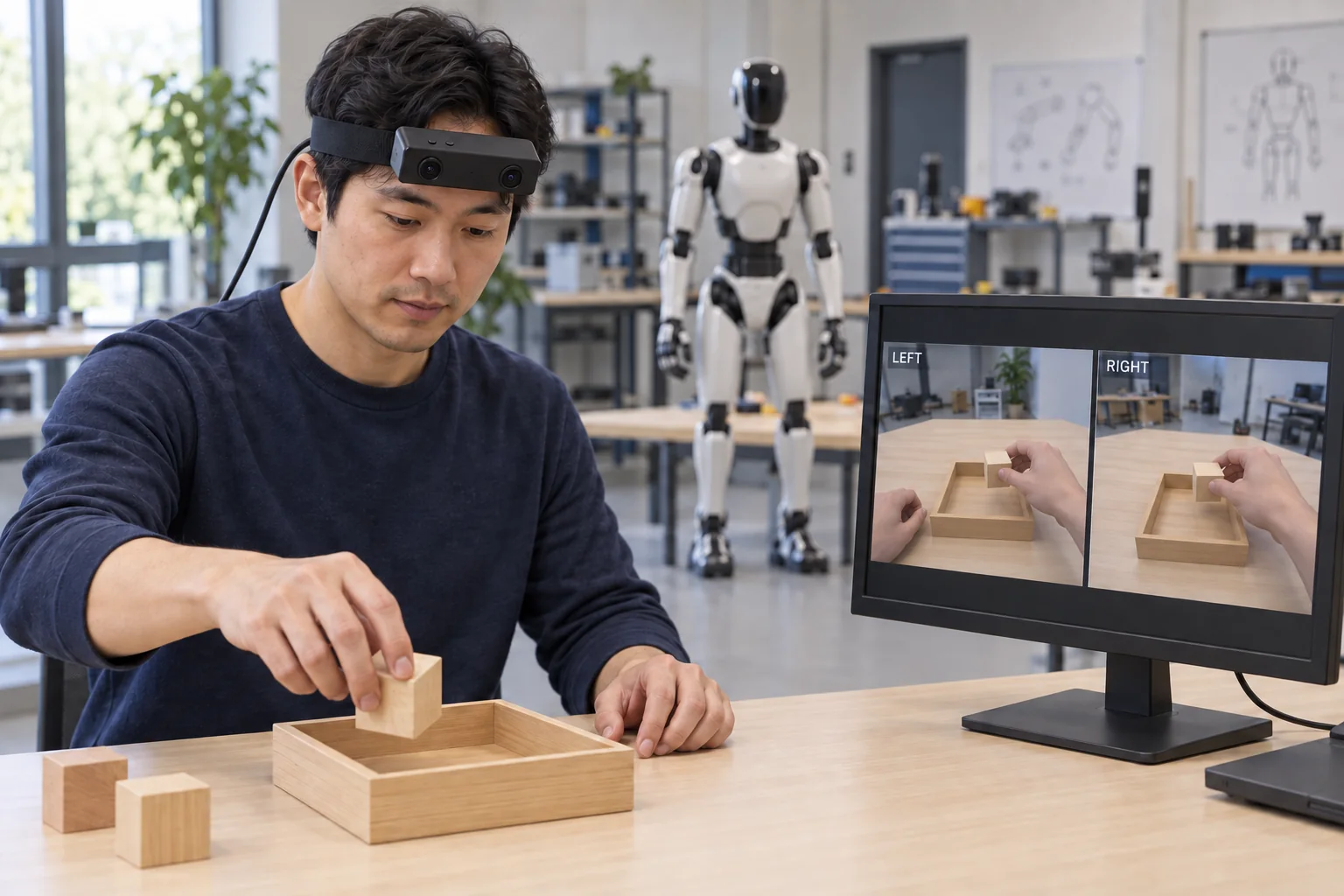 Concept illustration of an EGO R8 wearer demonstrating object placement, with left and right image review and a humanoid robot in the research workspace