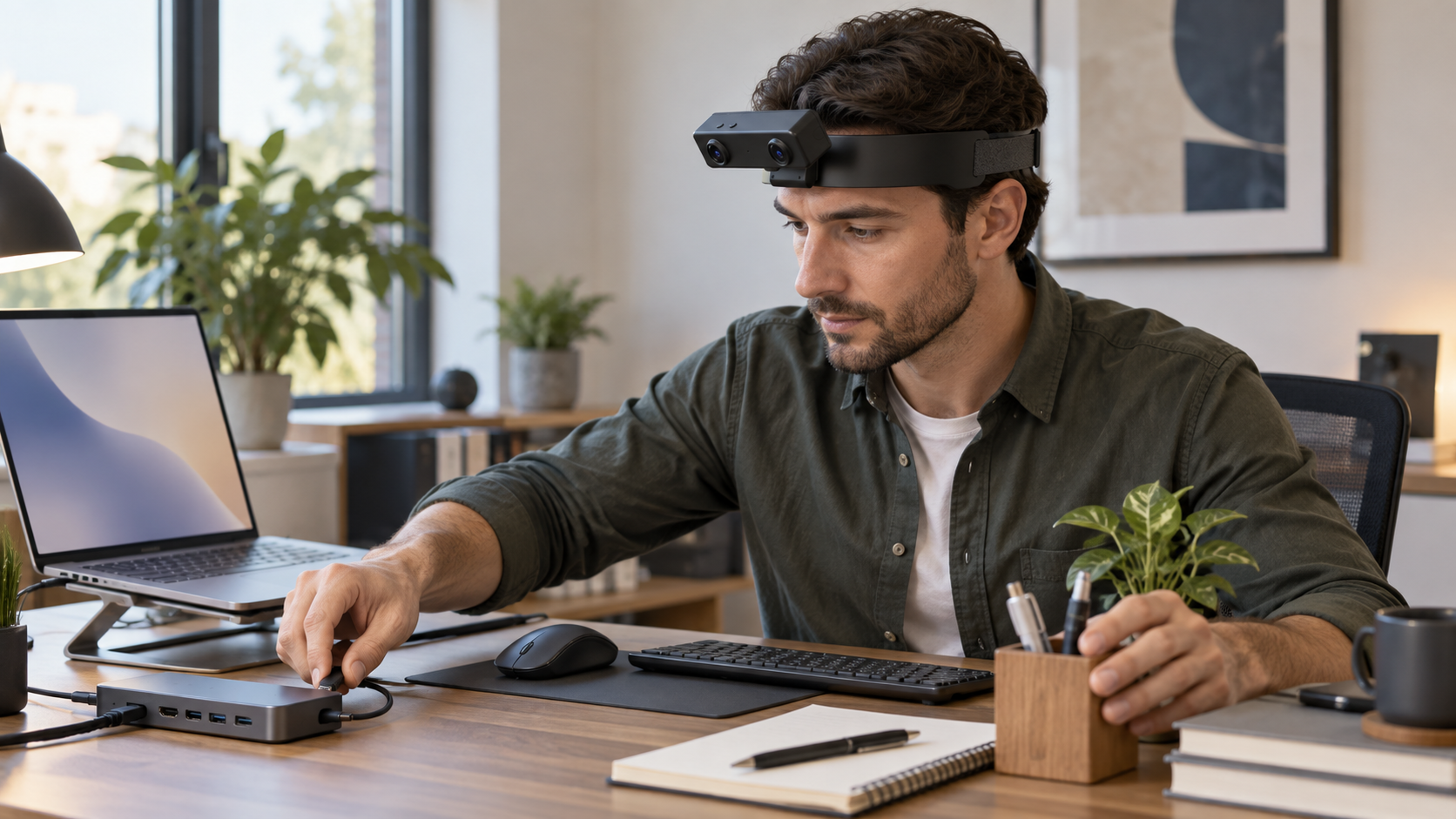 Office professional wearing the EGO R8 stereo head-mounted camera while connecting a cable to a desktop docking hub