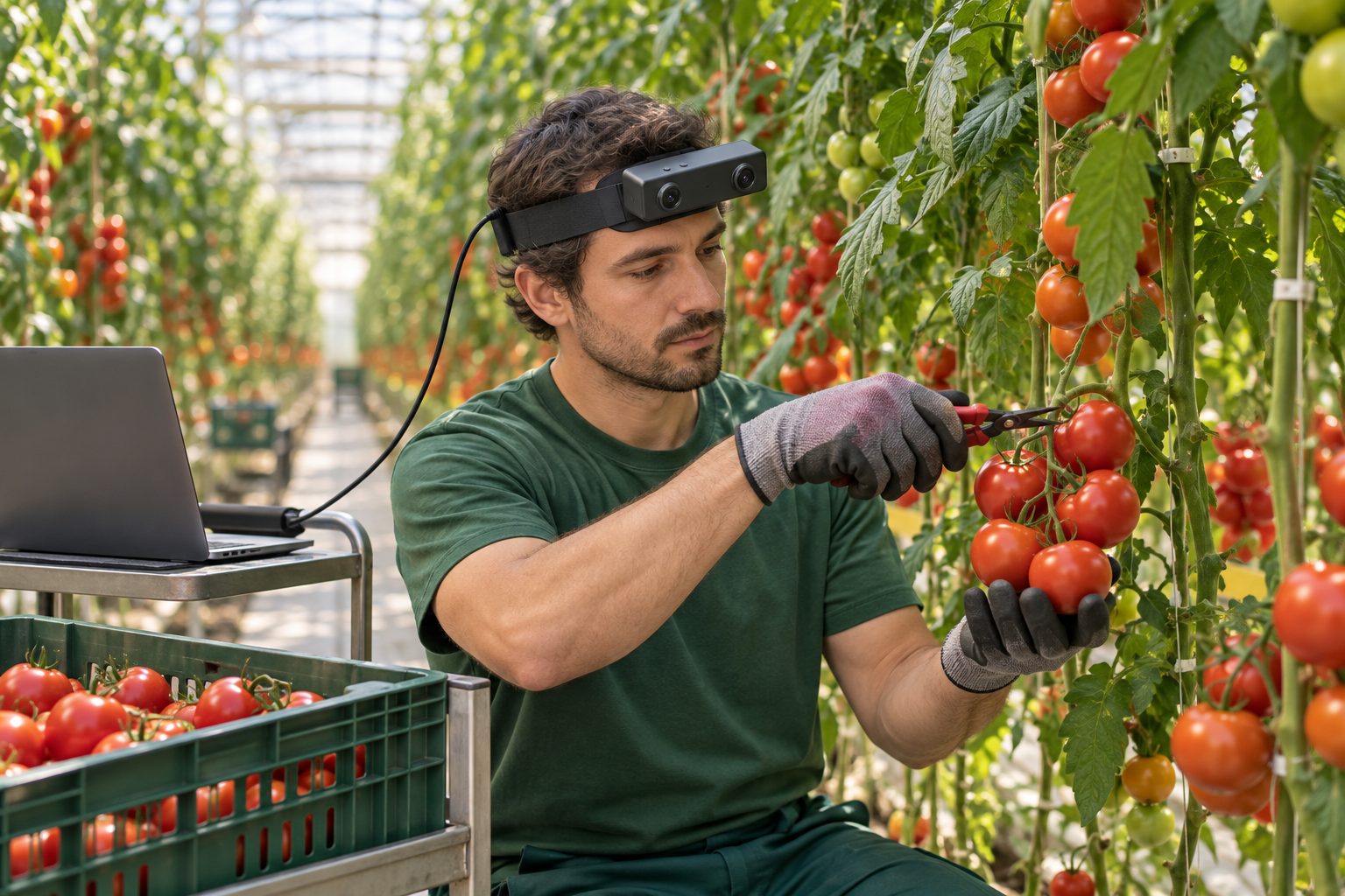 Greenhouse worker wearing an EGO R8 camera supporting a tomato cluster during harvesting, beside a trolley with a USB-connected capture laptop and harvest crate