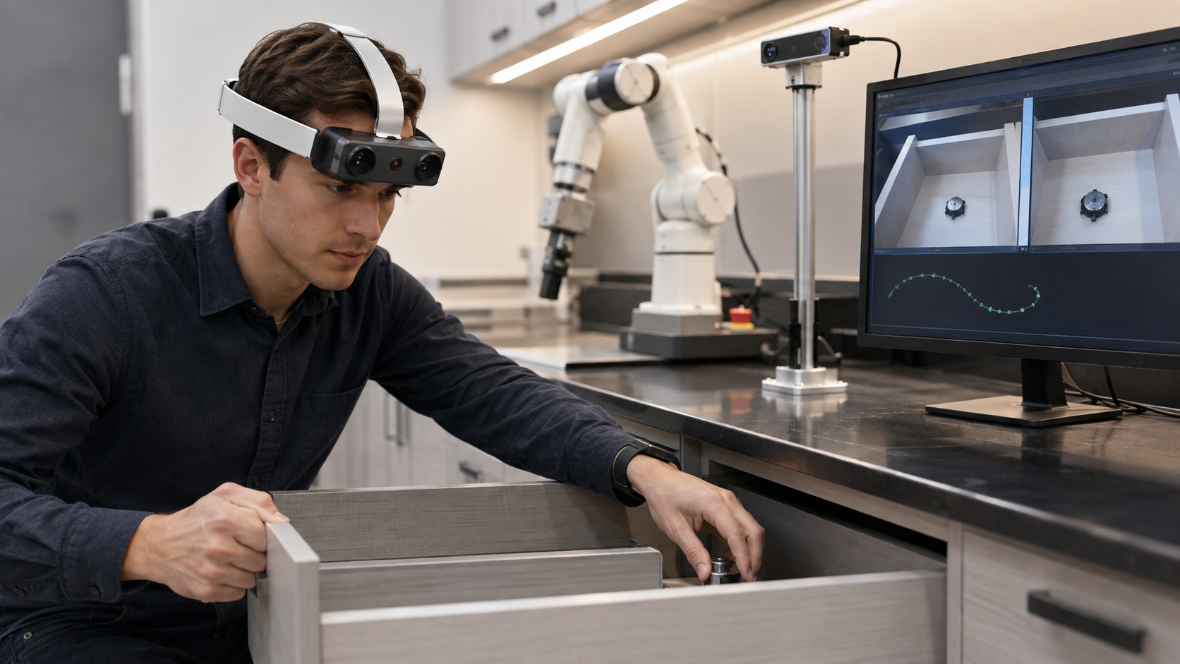 Researcher wearing EGO R9 while opening a drawer and reaching for a partly occluded object beside an active-vision robot test station