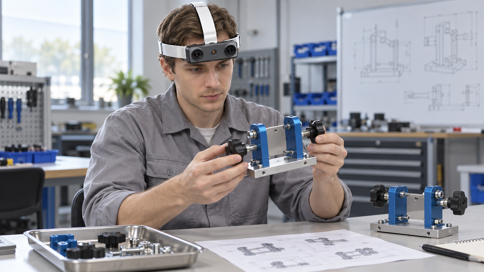 Technician wearing the EGO R9 forehead camera and inspecting a non-powered mechanical training assembly at a workbench