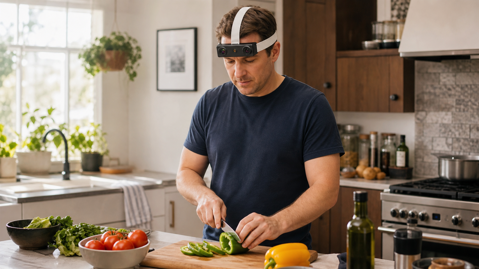 American home cook wearing a centered forehead-mounted EGO R9 while preparing vegetables in an everyday kitchen