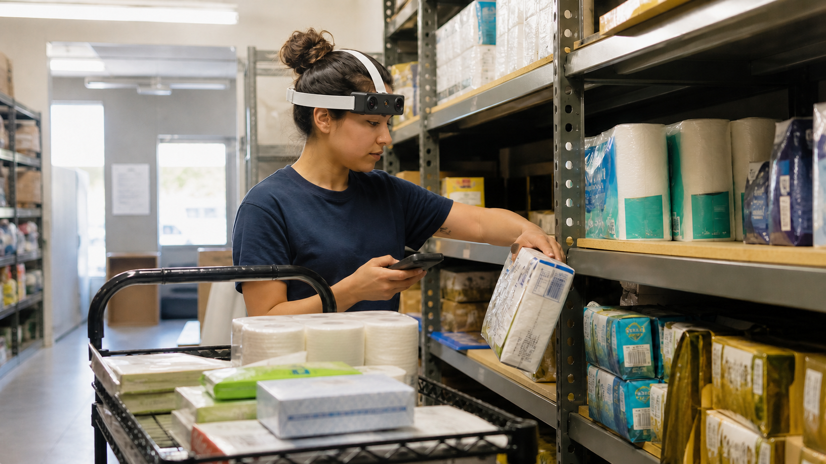 Retail associate wearing an authentic EGO R9 dual-camera headset while scanning and restocking everyday products