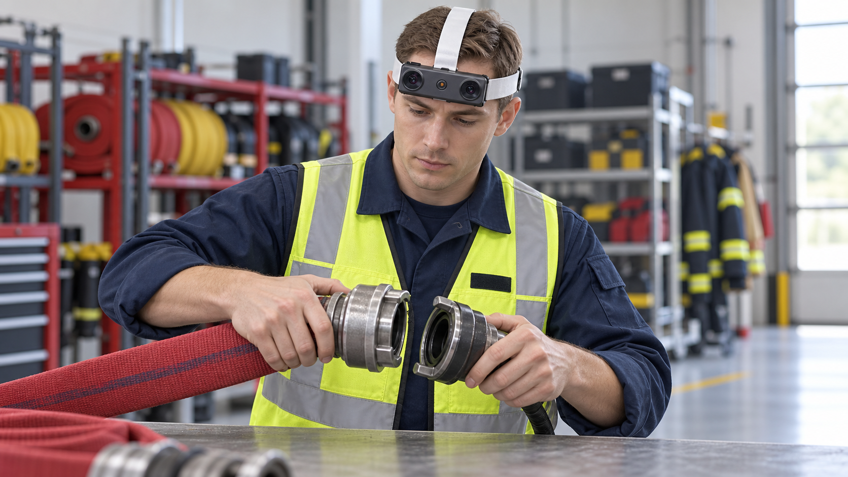 Fire-rescue instructor wearing the EGO R9 forehead camera while inspecting clean unpressurized hose couplings in a bright smoke-free training bay