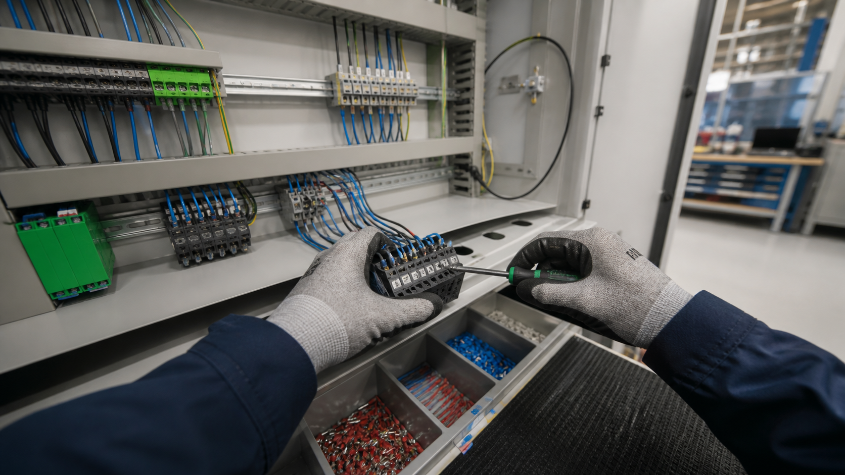 First-person view of a skilled technician wiring an industrial control panel