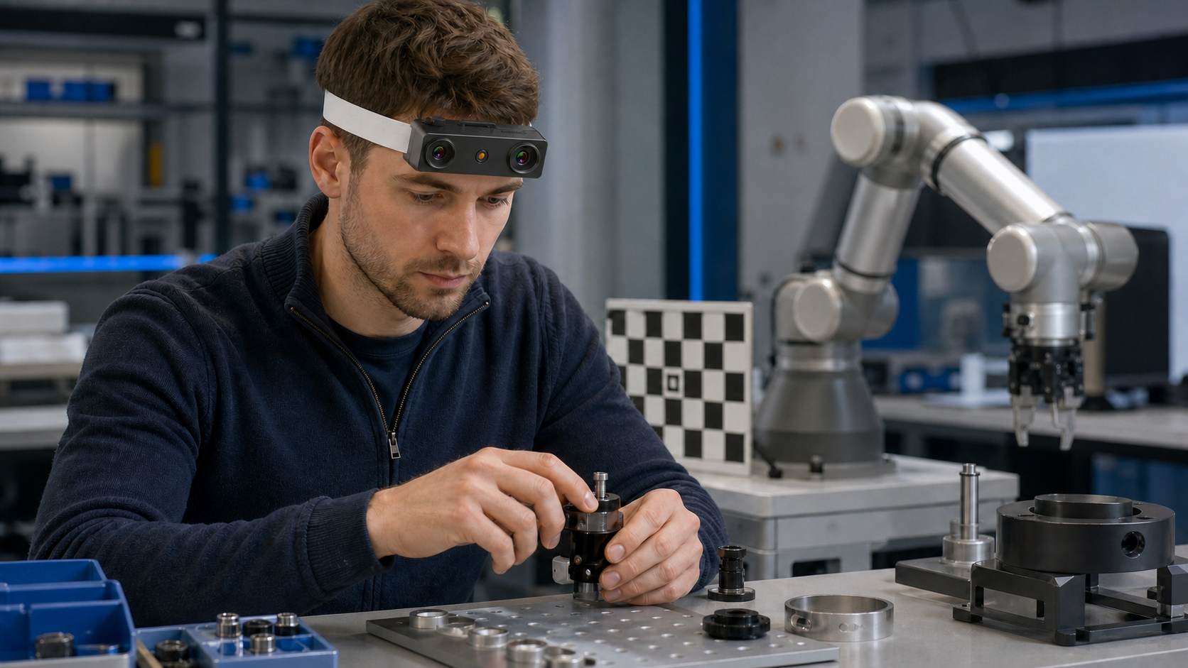 Robotics researcher wearing an accurately rendered EGO R9 dual-camera headset while recording a precise manipulation demonstration beside a robot arm
