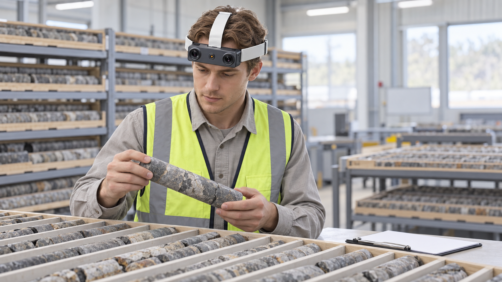 Geologist wearing the EGO R9 forehead camera while examining organized drill-core samples in a bright surface core-logging facility