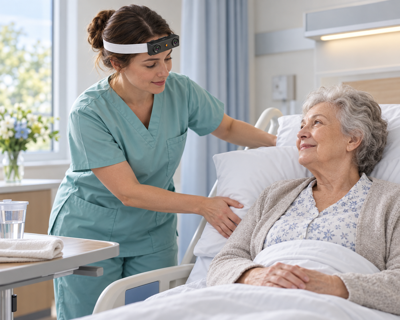 Nurse wearing an EGO R9 camera gently arranging a pillow for a clothed adult patient seated in a hospital bed