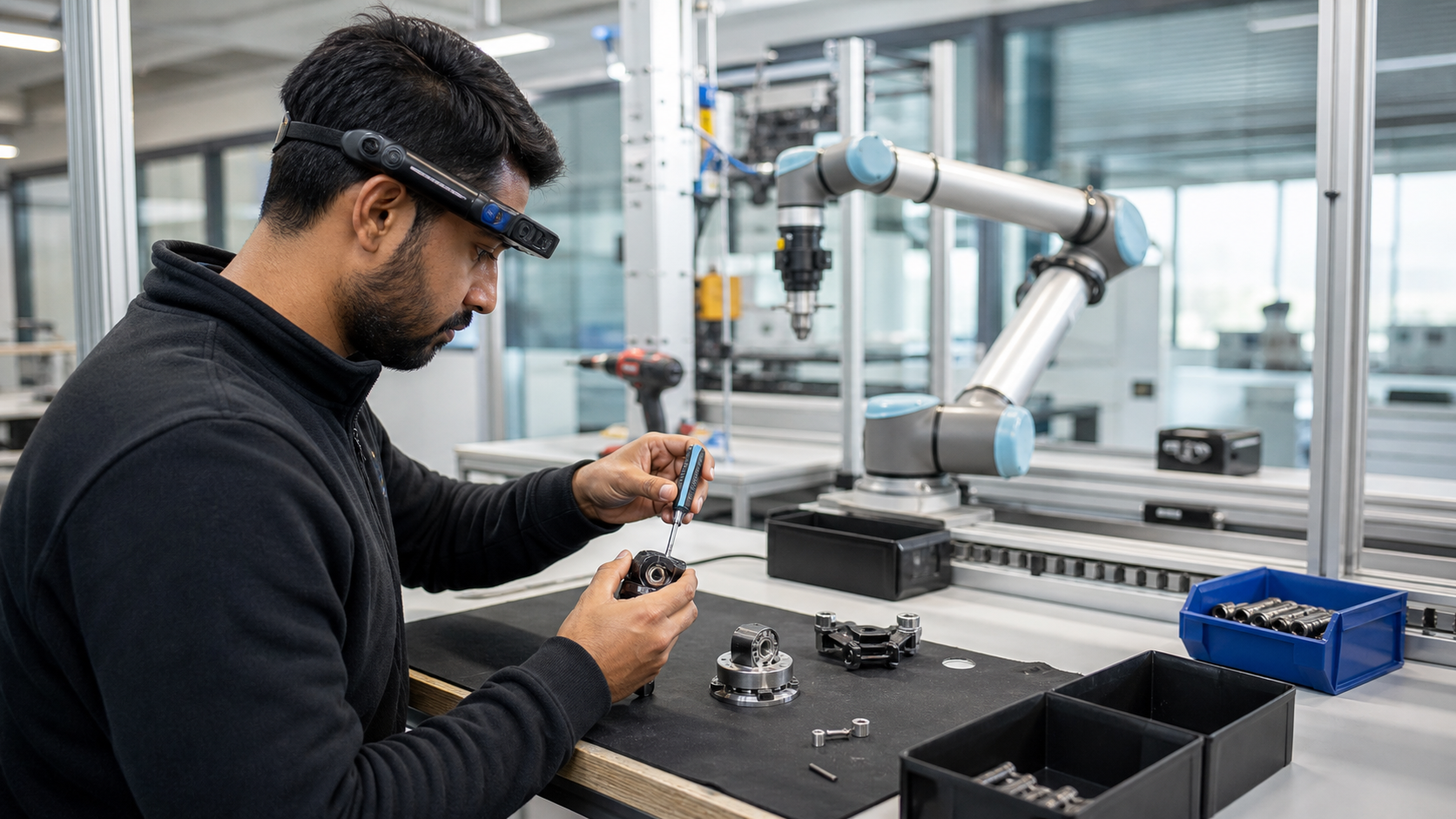 Technician wearing a head-mounted first-person camera while completing a precision assembly task beside a collaborative robot