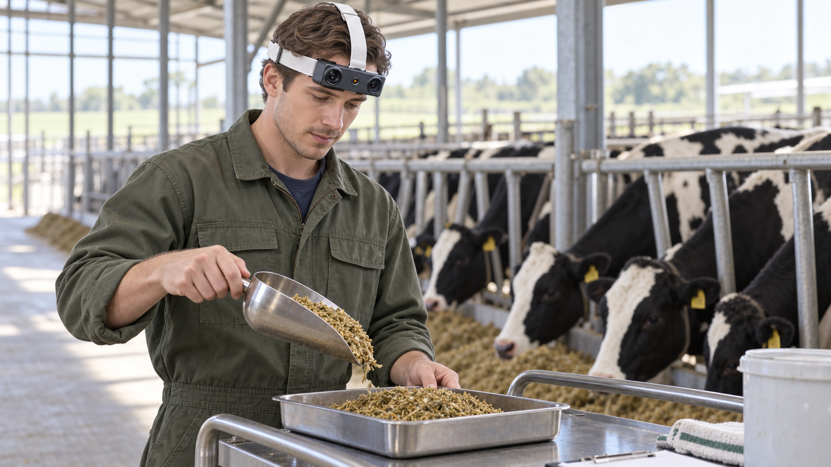 Farm worker wearing the EGO R9 forehead camera while checking a feed scoop at a preparation cart, with dairy cattle behind a feed-lane barrier