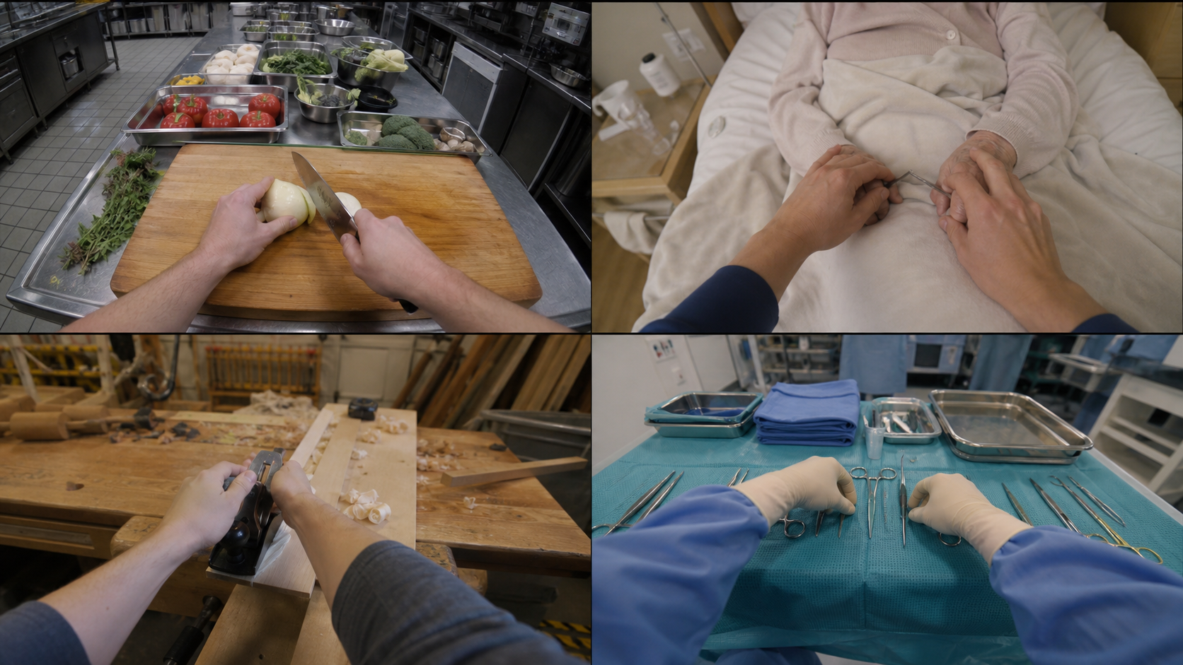 First-person human demonstrations across cooking, elderly care, woodworking, and medical preparation