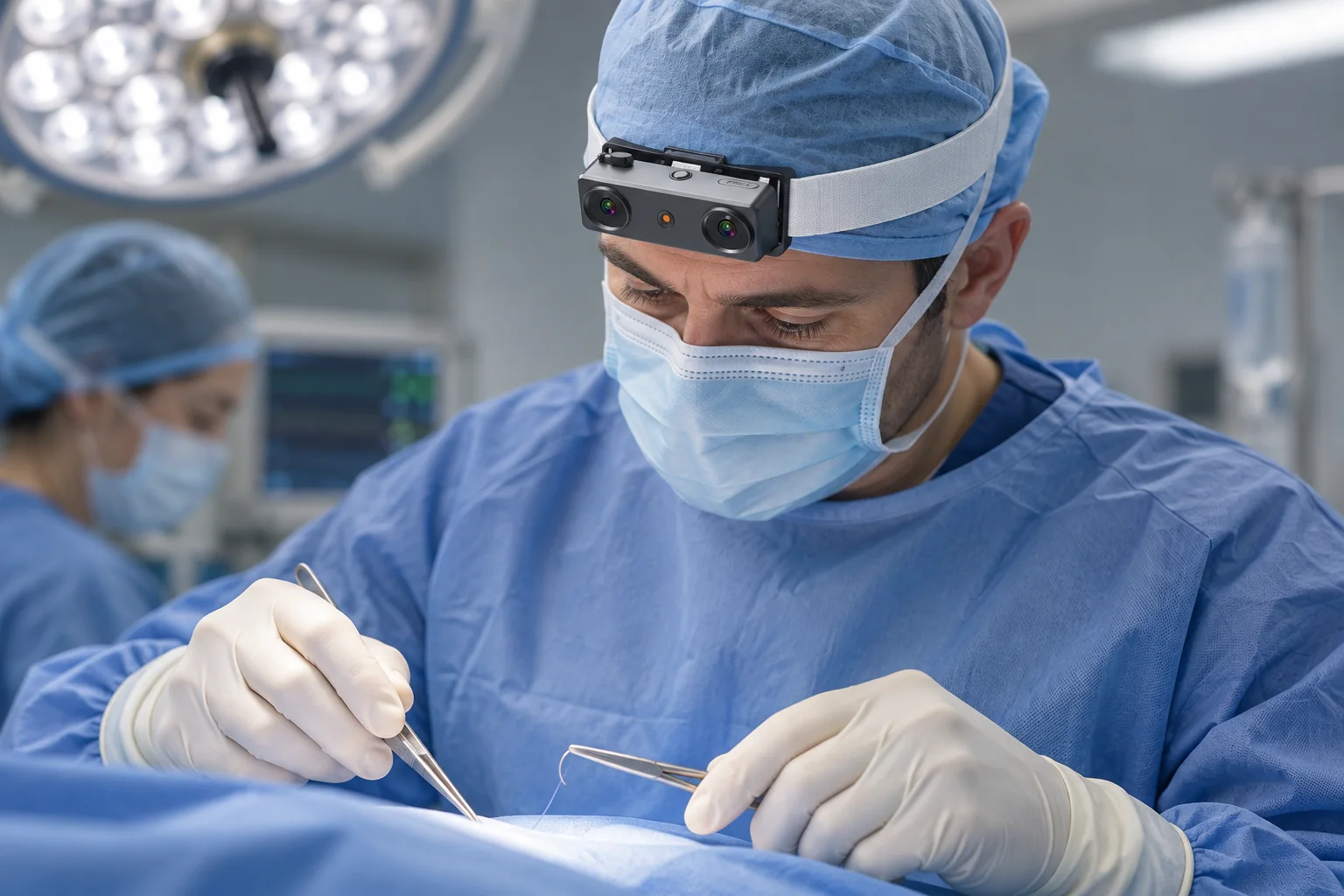 Concept illustration of a surgeon wearing EGO R9 to record an open-surgery working area from a head-mounted viewpoint