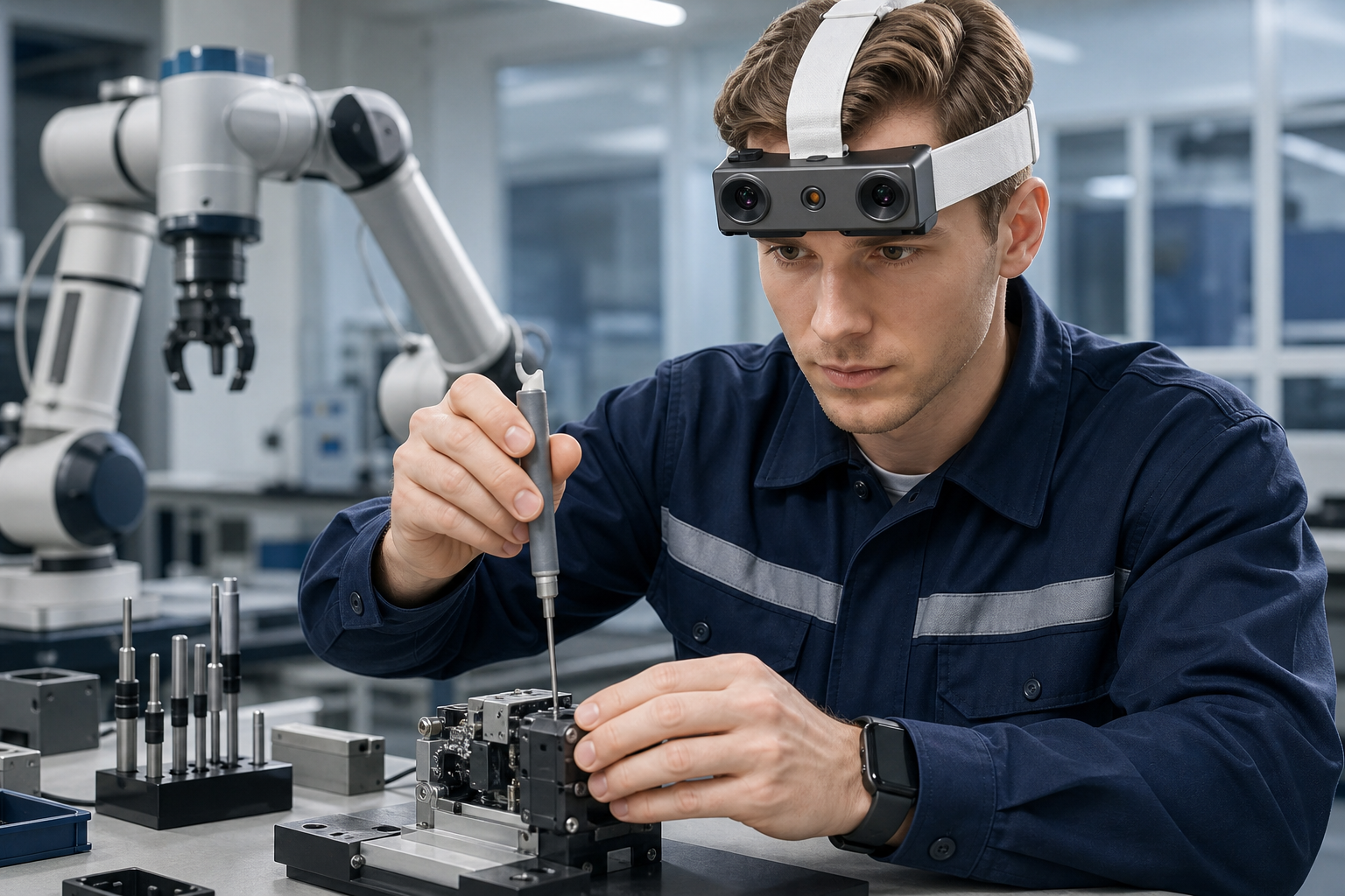 Technician wearing an authentic dual-camera EGO R9 centered flat against the forehead while recording a precision fastening demonstration