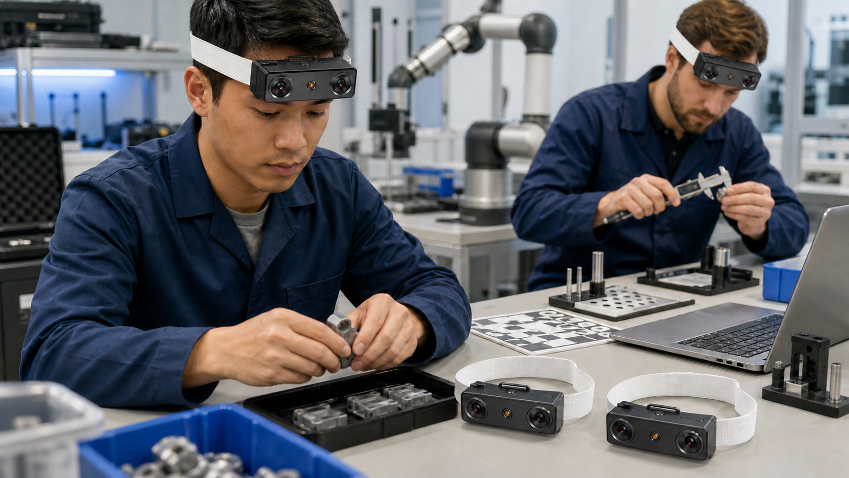 Two robotics engineers wearing EGO R9 headsets while validating a manipulation workflow and inspecting additional R9 units for a pilot deployment