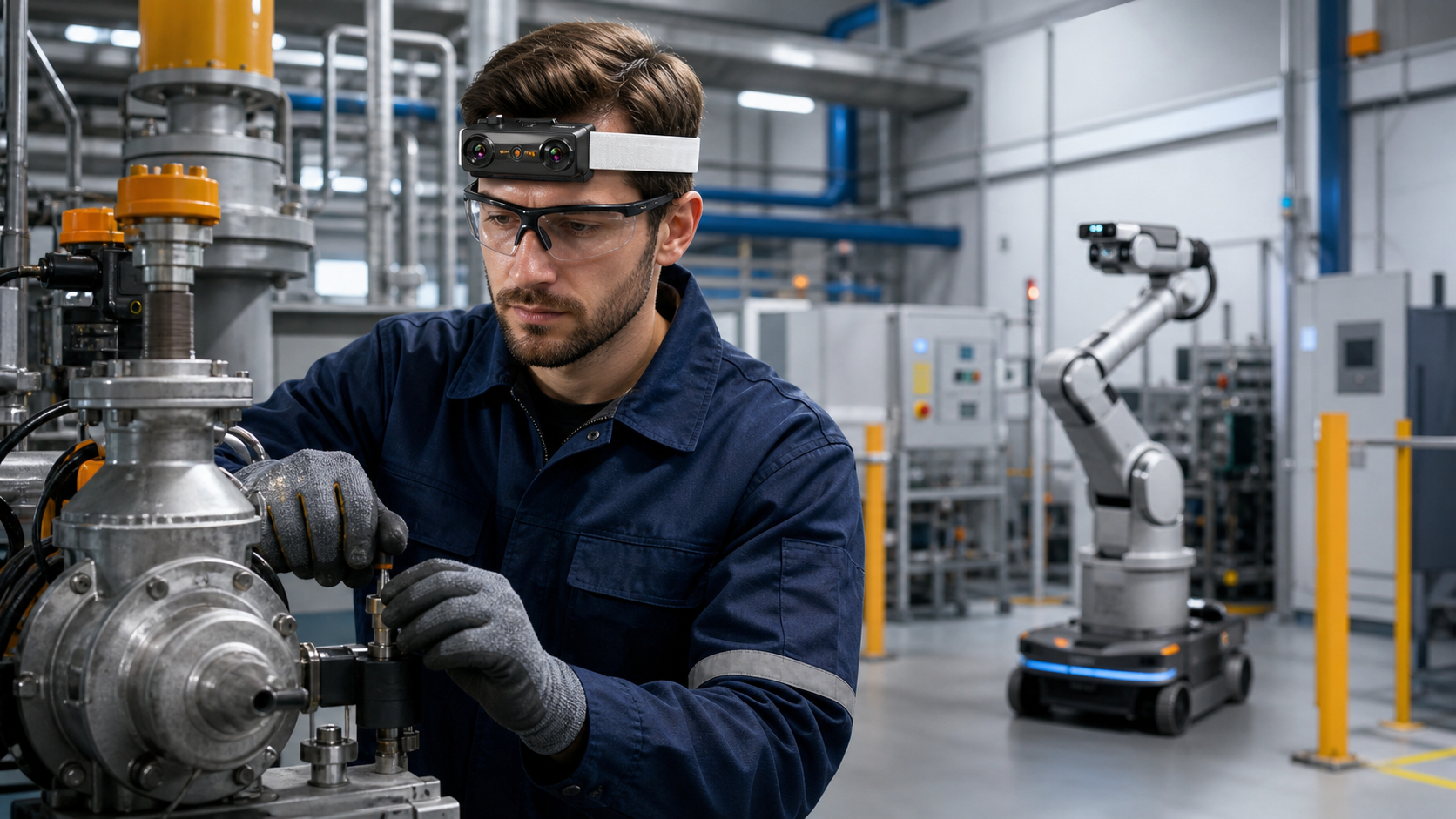 Industrial maintenance technician wearing the EGO R9 while recording a valve inspection demonstration for robot learning