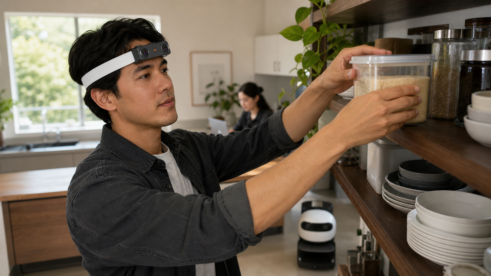 Participant wearing an accurately rendered EGO R9 while recording an everyday kitchen organization task for scalable robot-training data collection