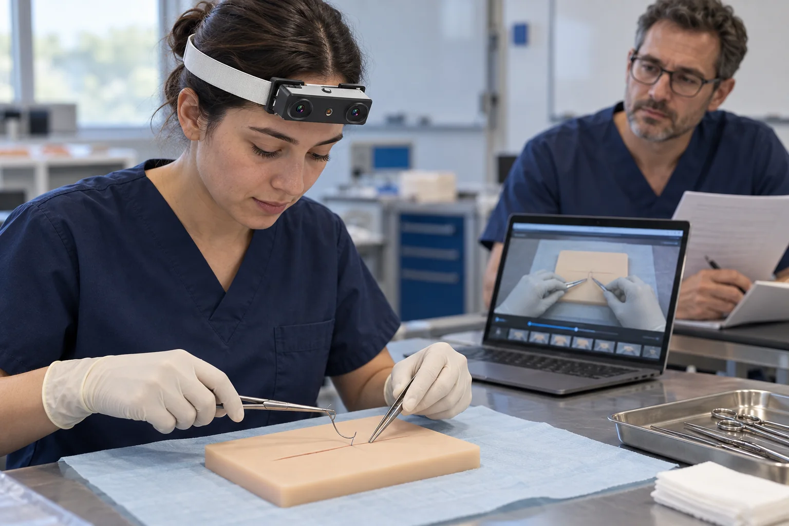 Concept illustration of an EGO R9 wearer practicing on a synthetic suture pad while an educator reviews the recording and a rating sheet