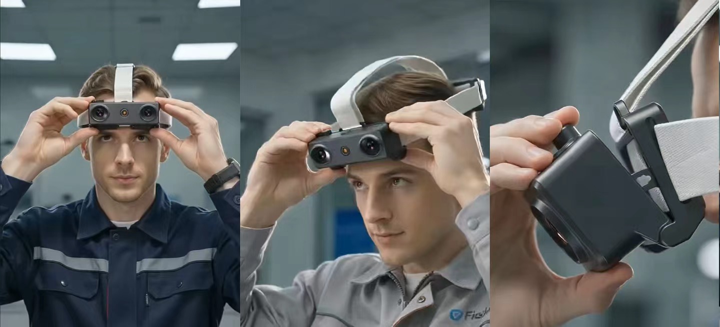 EGO R9 head-mounted camera shown in front, angled, and side-worn views